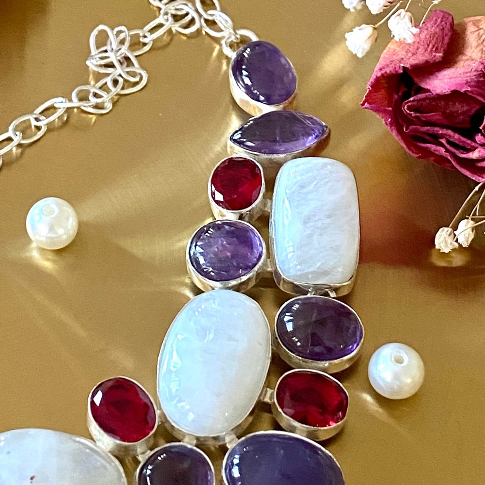 Rainbow Moonstone, Amethyst And Garnet Cluster Necklace - Picture 12 of 13